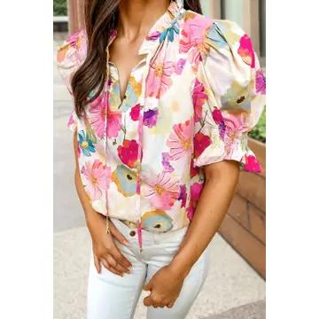 Floral V-Neck Short Puff Sleeve Blouse