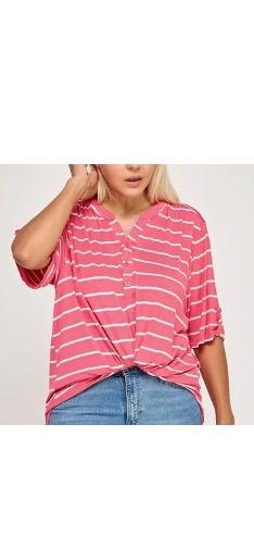 Plus Coral Striped 3-Button Down S/S Top
