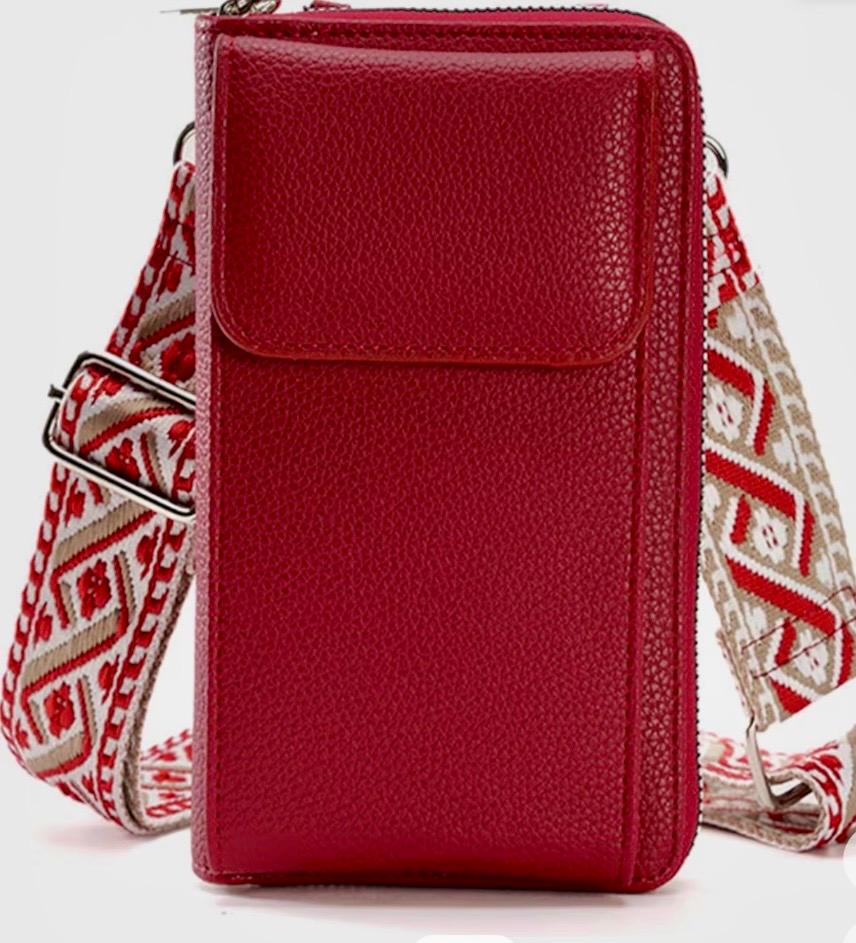 Red Cellphone Crossbody Bag with Embroidery Strap 
