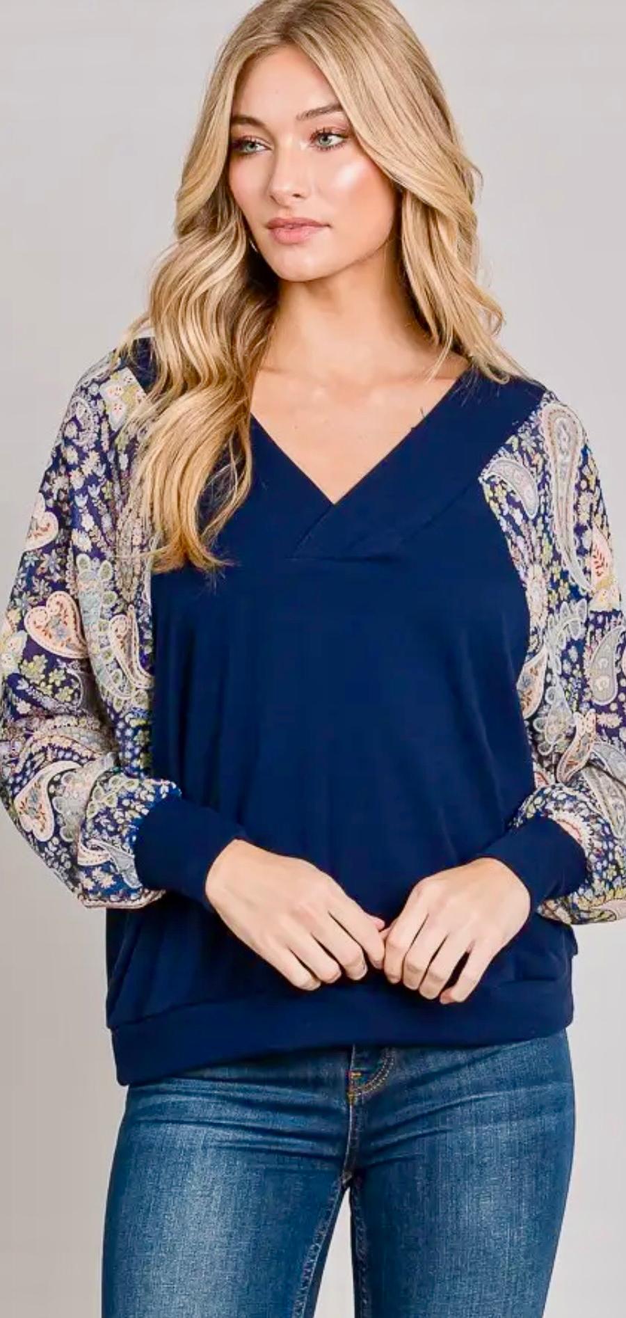 Navy V Neck Shimmer Paisley Long Sleeve Top