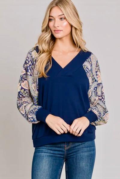 Navy V Neck Shimmer Paisley Long Sleeve Top