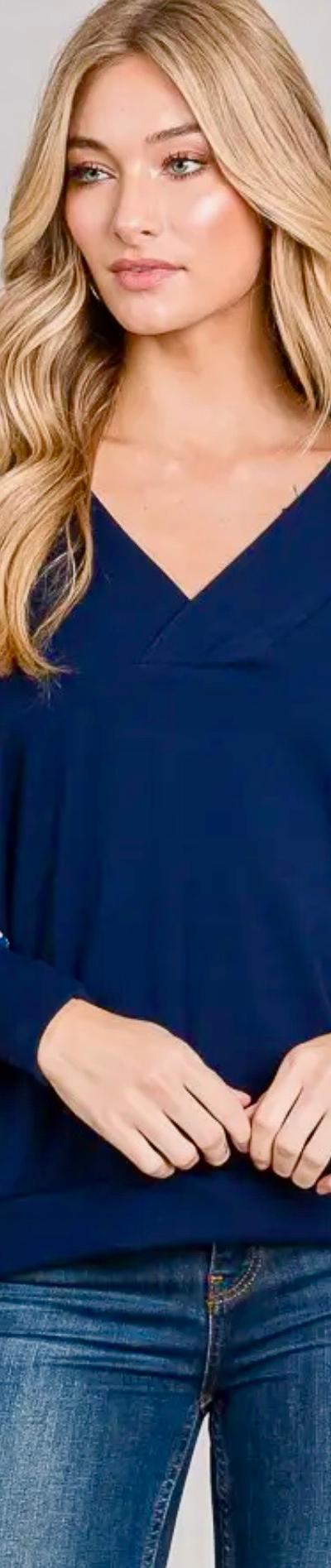 Navy V Neck Shimmer Paisley Long Sleeve Top