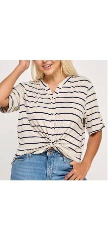Oatmeal Striped 3 Button Down V Neck Short Sleeve Top