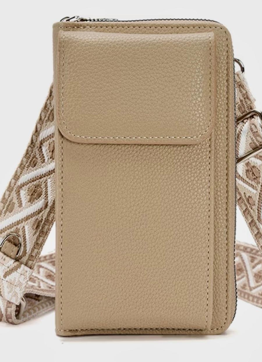 Taupe Cellphone Bag with Embroidery Strap 