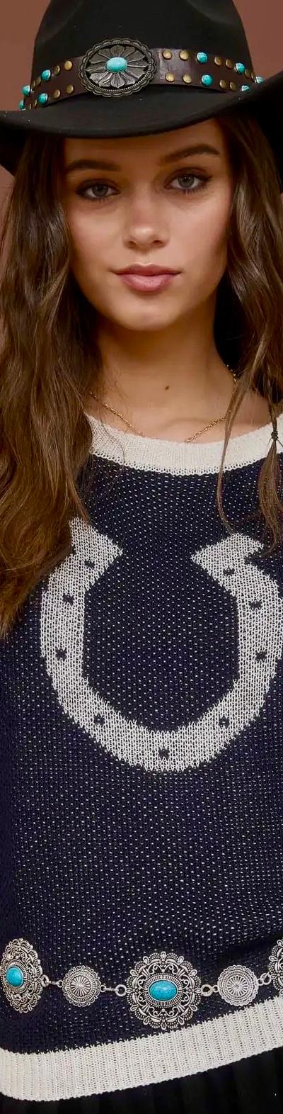 Navy Horsehoe Short Sleeve Knit Sweater 