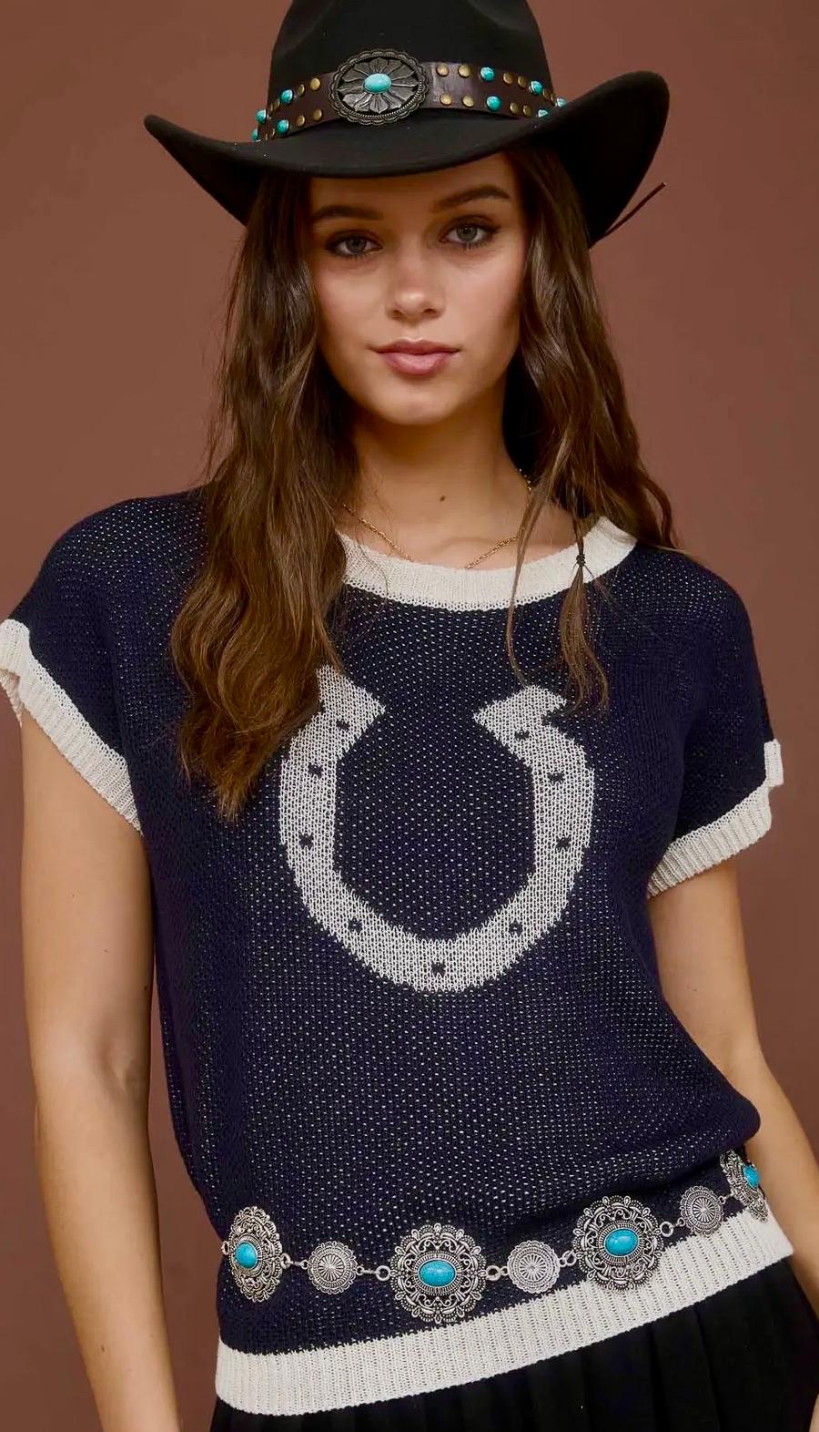 Navy Horsehoe Short Sleeve Knit Sweater 