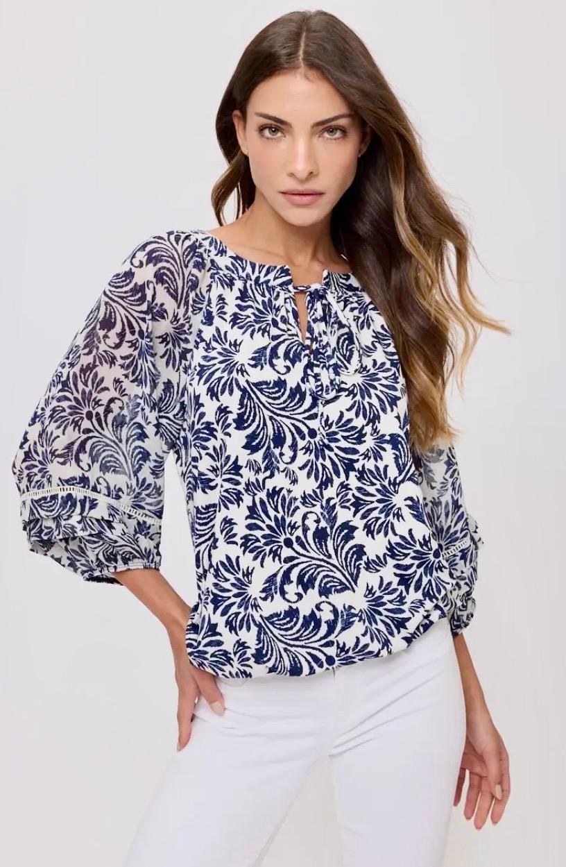 Navy Floral Mix Lattice Detail Bubble Hem Top 