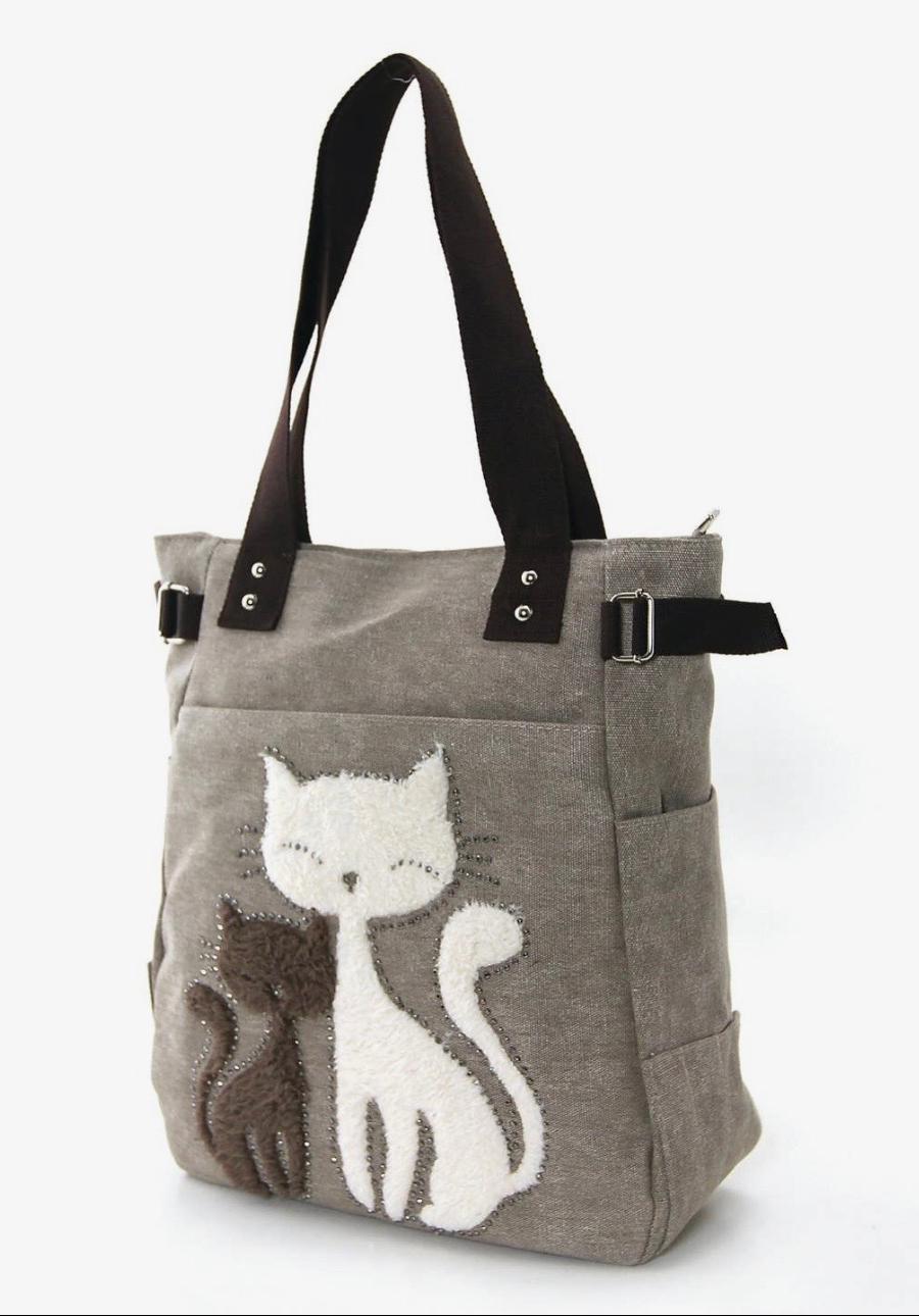 Canvas Tote Bag Cats with Faux Fur and Studs - Beige
