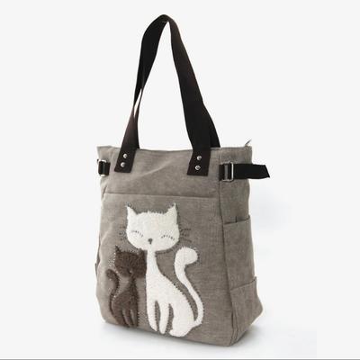 Canvas Tote Bag Cats with Faux Fur and Studs - Beige
