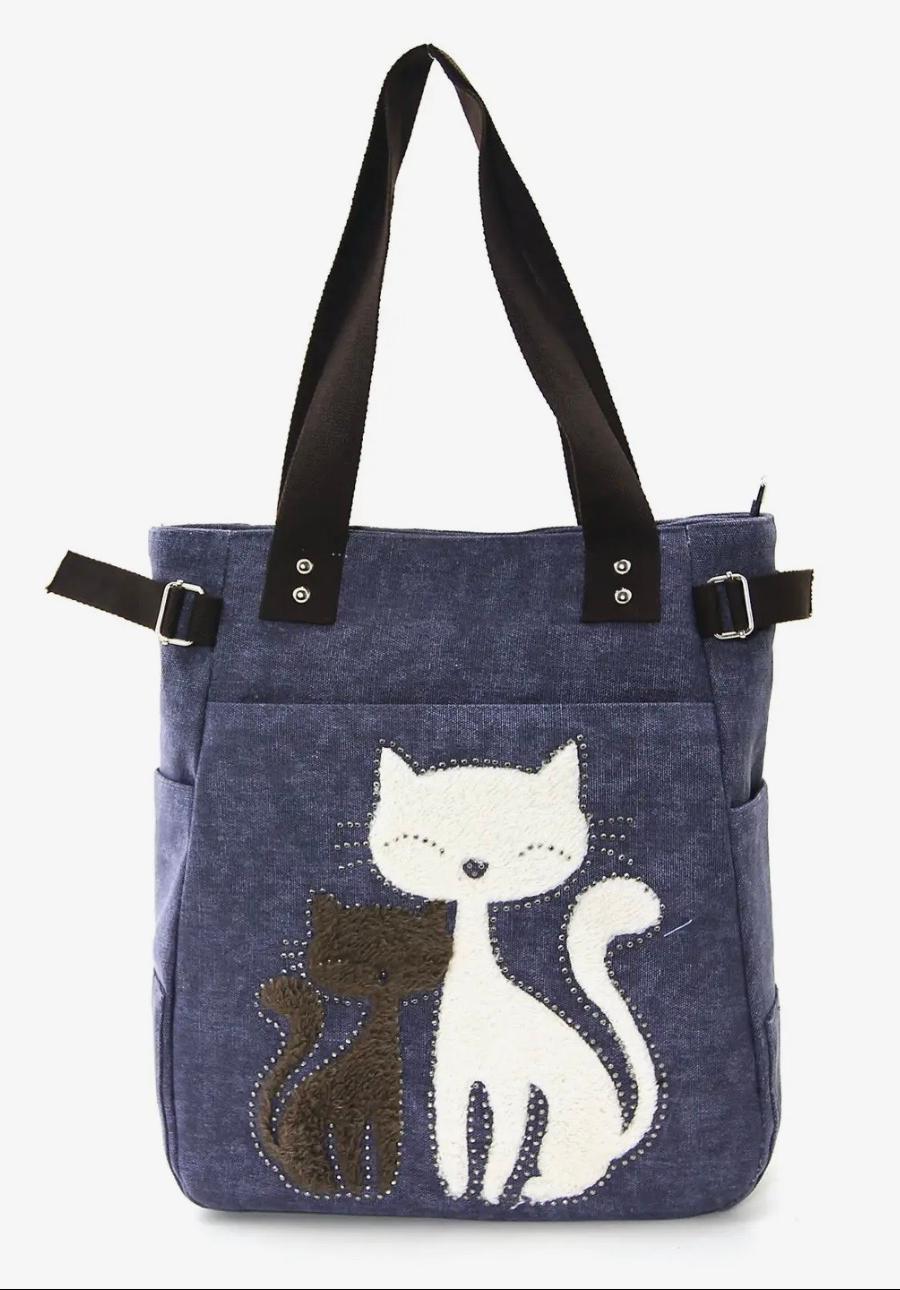 Canvas Tote Bag Cats with Faux Fur and Studs - Indigo