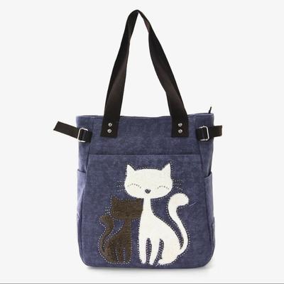Canvas Tote Bag Cats with Faux Fur and Studs - Indigo