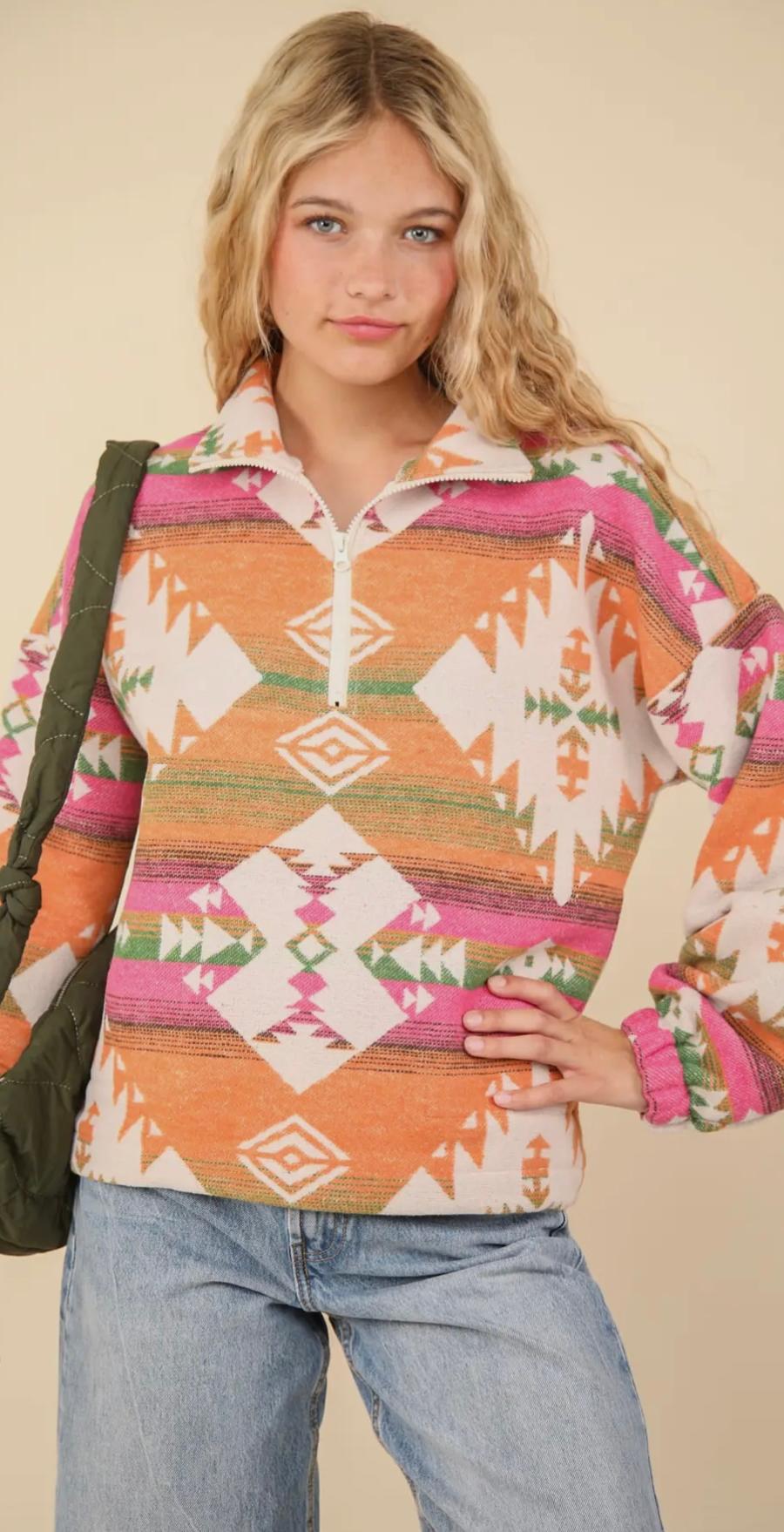 Aztec Printed Henley Woven Pullover Top