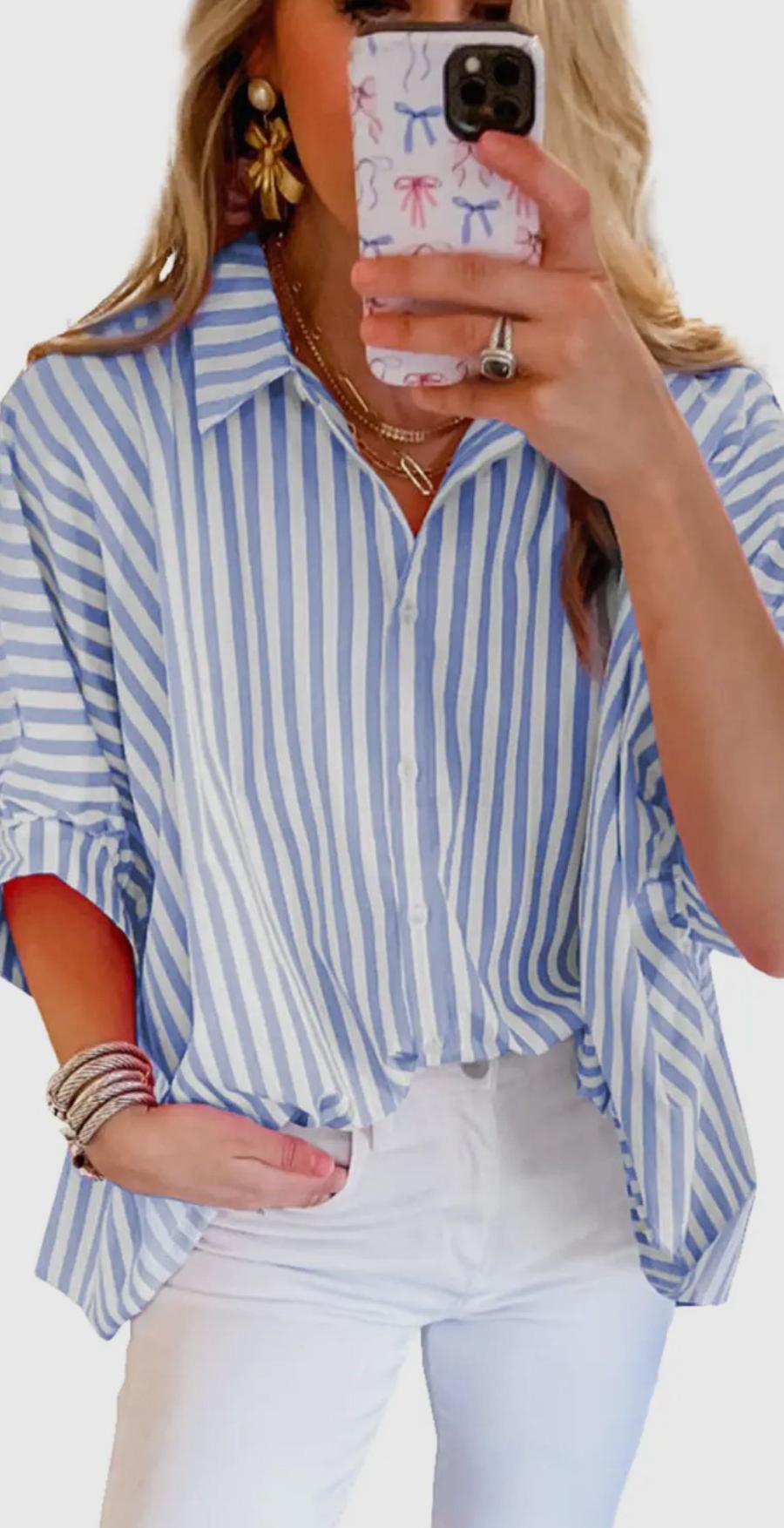 Stripe Dolman Sleeve Oversize Shirt