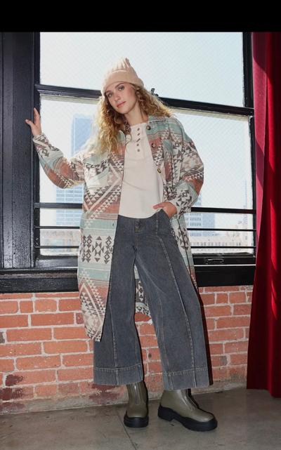 Aztec & Plaid Printed Shacket Jacket Coat