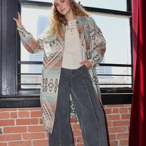 Aztec & Plaid Printed Shacket Jacket Coat