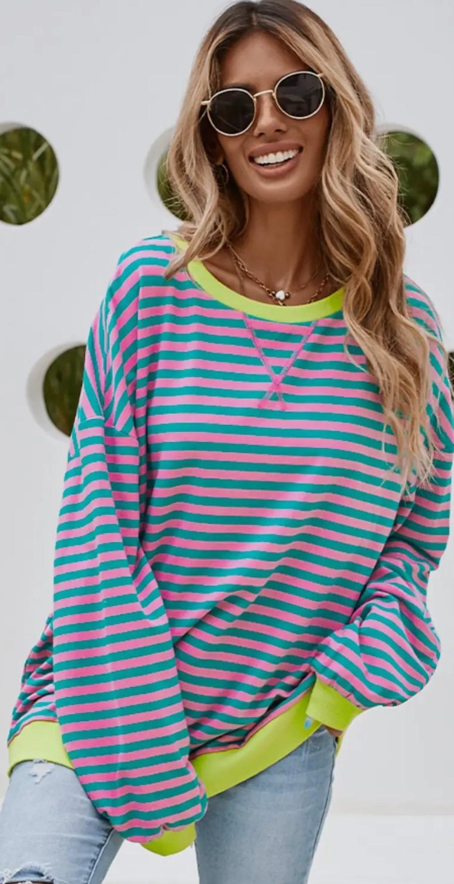 Stripe Contrast Trim Oversized Pullover Sweatshirt