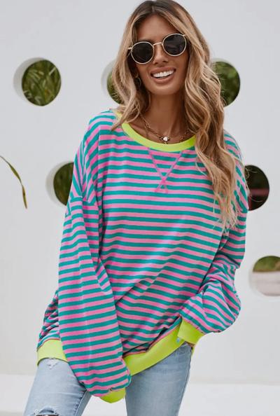 Stripe Contrast Trim Oversized Pullover Sweatshirt