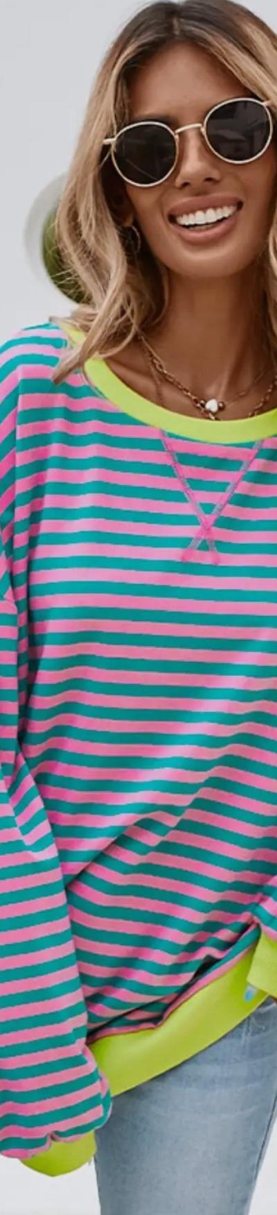 Stripe Contrast Trim Oversized Pullover Sweatshirt