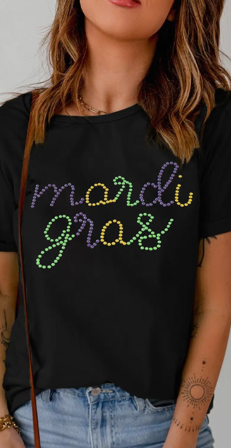 Rhinestone Mardi Gras Letter Graphic T Shirt 