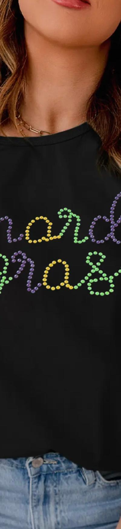 Rhinestone Mardi Gras Letter Graphic T Shirt