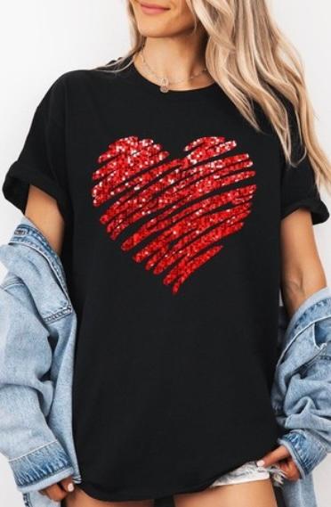 Faux Sequins Scribble Heart Graphic Heavy Cotton Tee