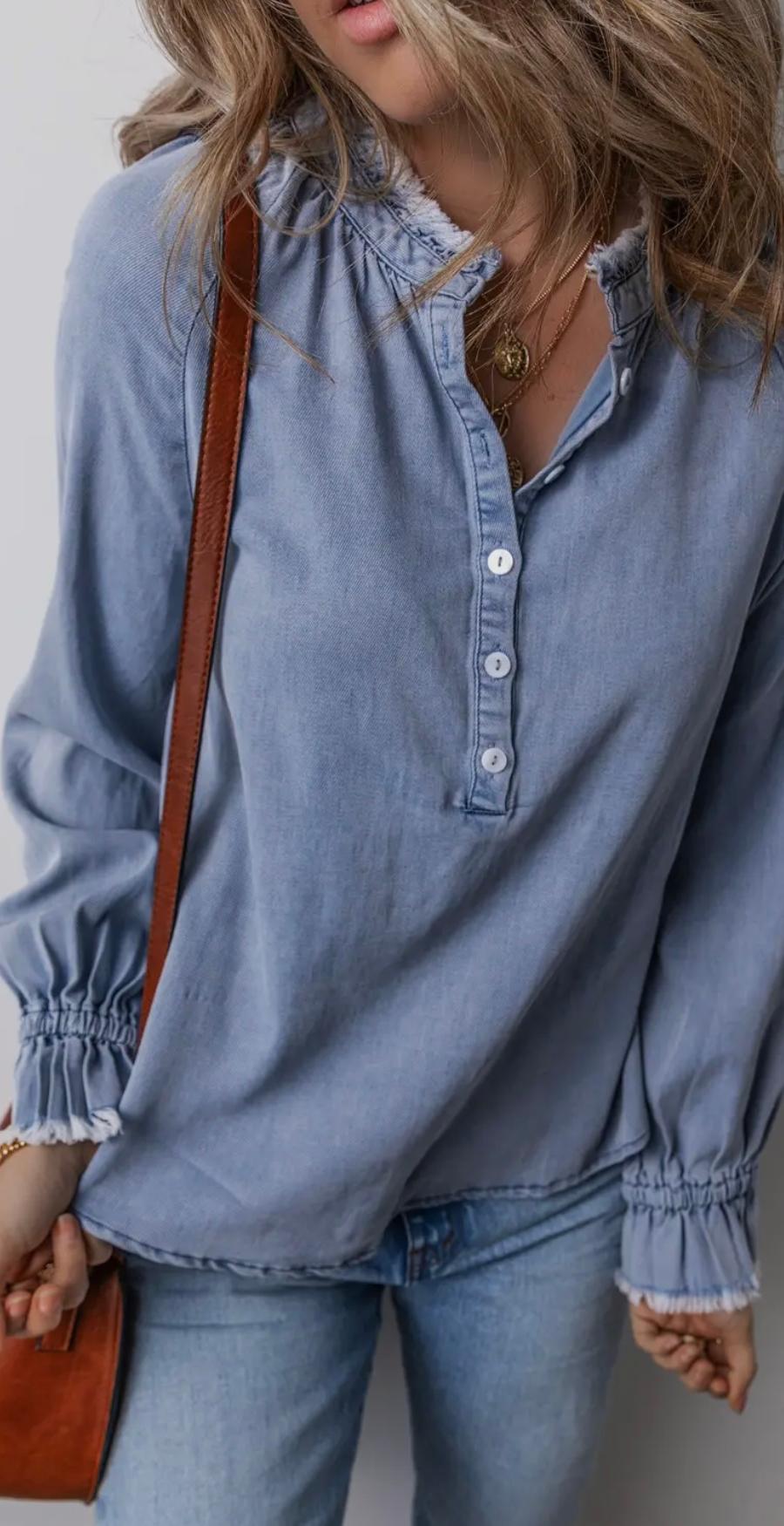 Frilled Raw Hem Half Buttoned Denim Top