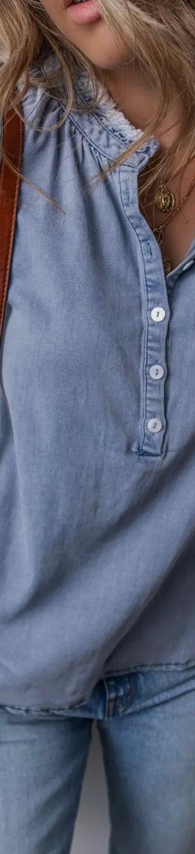 Frilled Raw Hem Half Buttoned Denim Top