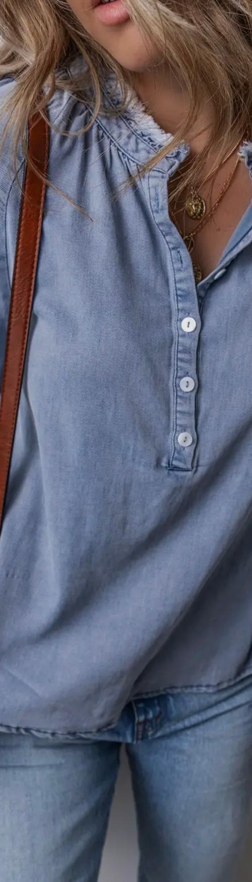 Frilled Raw Hem Half Buttoned Denim Top