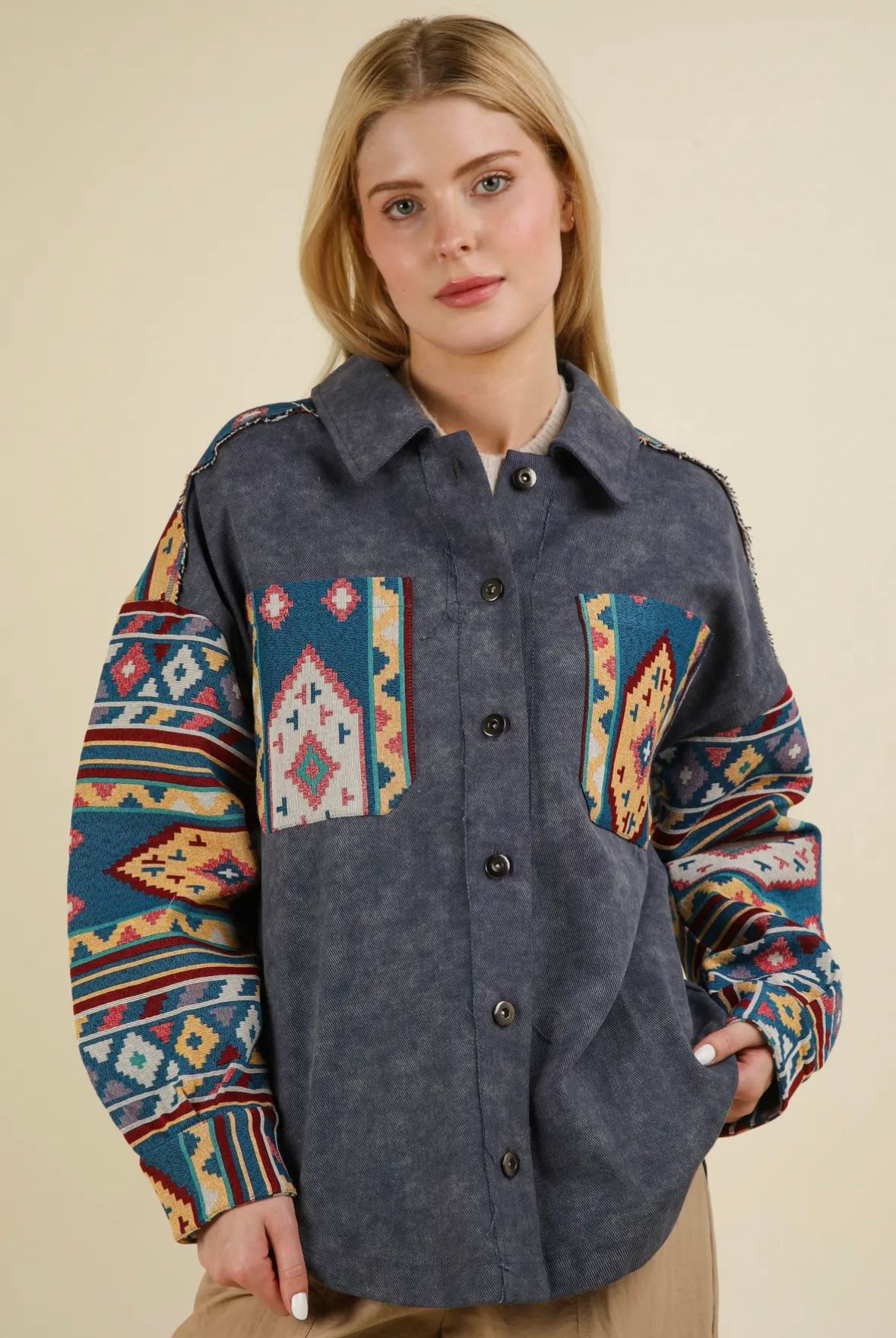 Aztec Graphic Oversized Button Down Shacket Jacket
