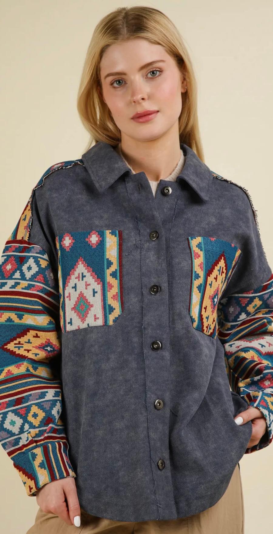 Aztec Graphic Oversized Button Down Shacket Jacket