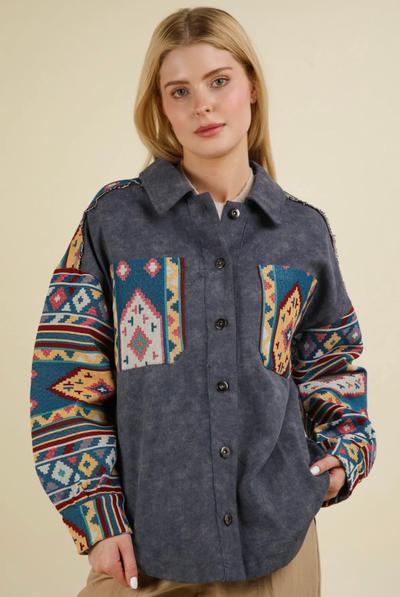 Aztec Graphic Oversized Button Down Shacket Jacket
