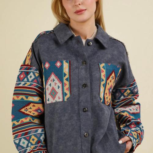 Aztec Graphic Oversized Button Down Shacket Jacket