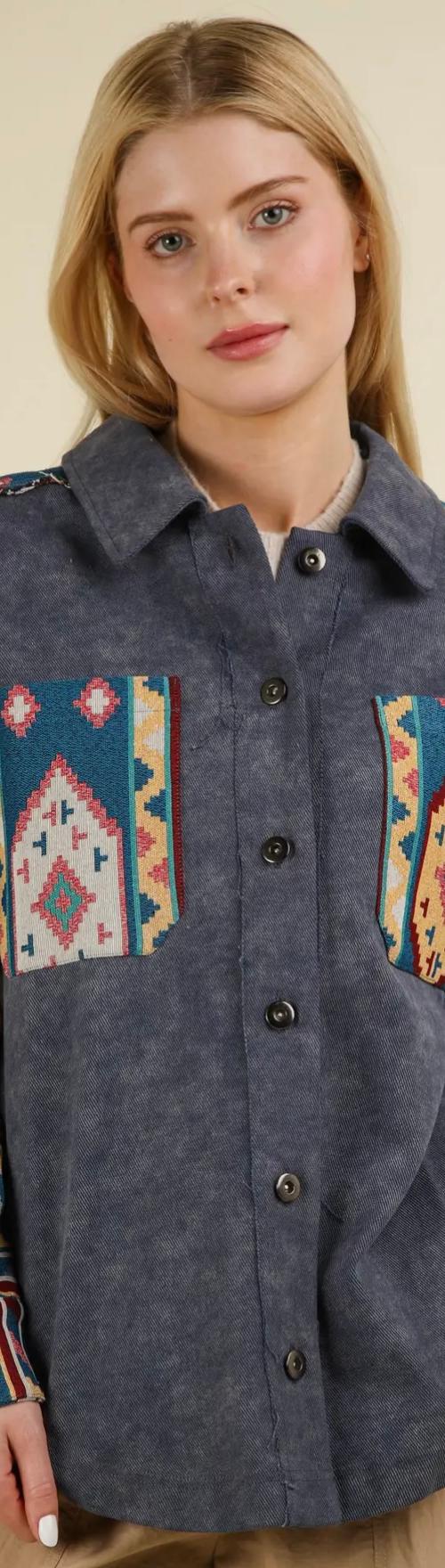 Aztec Graphic Oversized Button Down Shacket Jacket