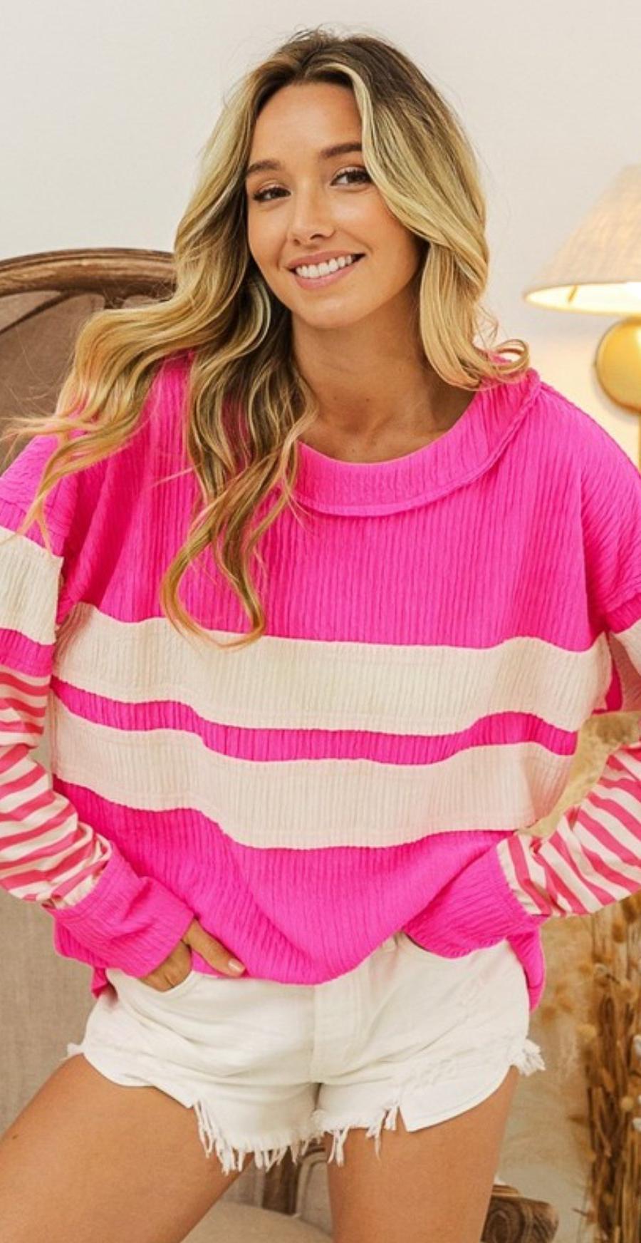 Raw Edged Striped Crinkle Pullover