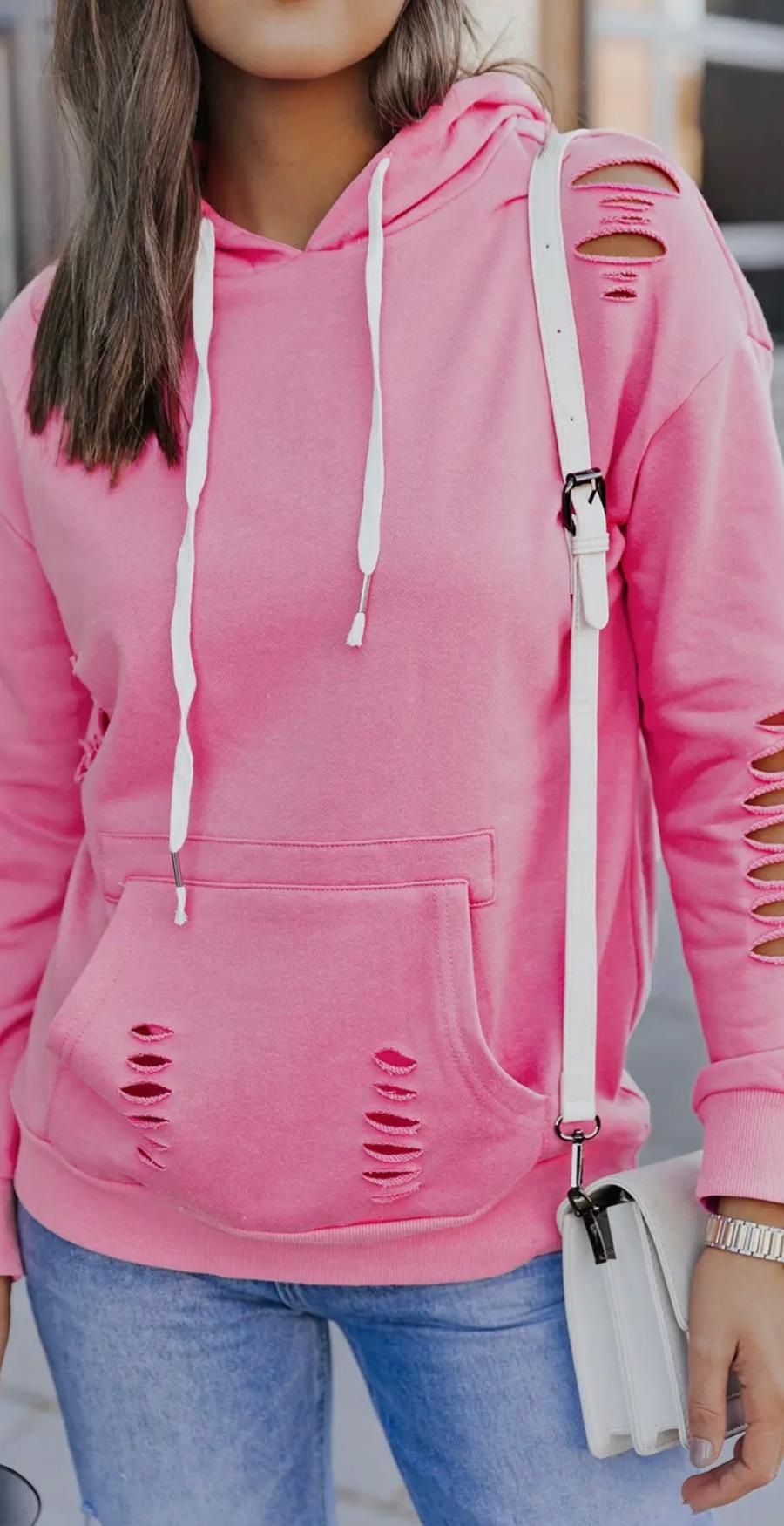 Solid Ripped Hooded Sweatshirt with Kangaroo Pocket