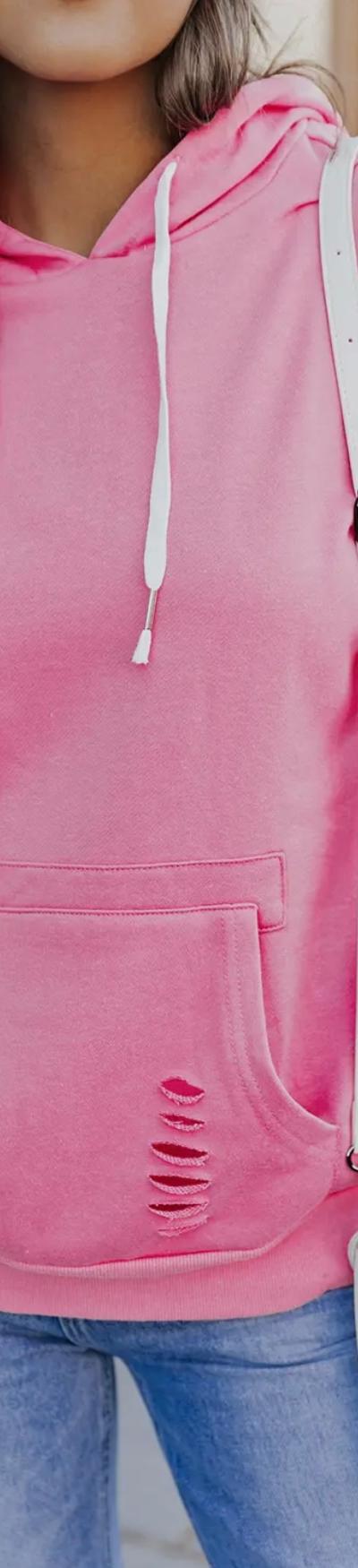 Solid Ripped Hooded Sweatshirt with Kangaroo Pocket