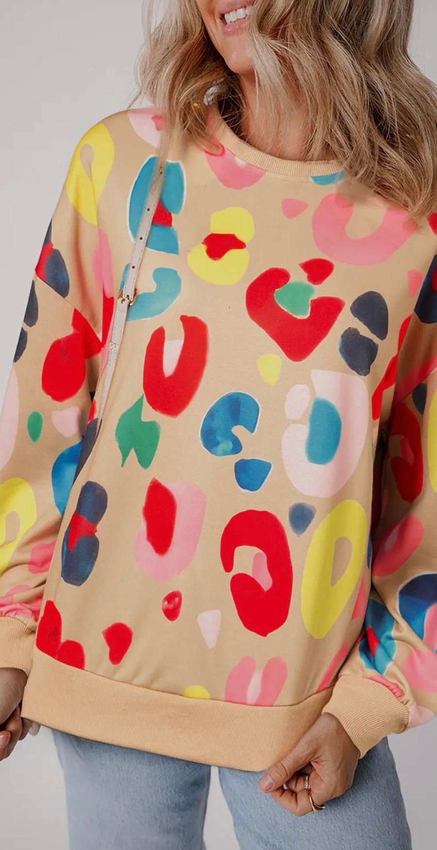 Bold Colorful Leopard Printed Crewneck Top