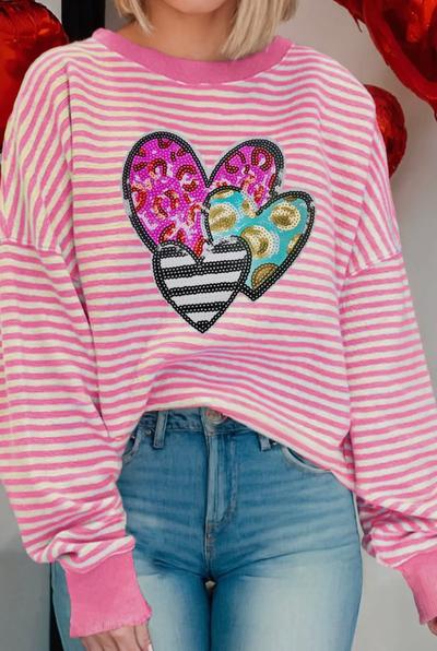 Leopard Heart Patched Graphic Drop Shoulder Top