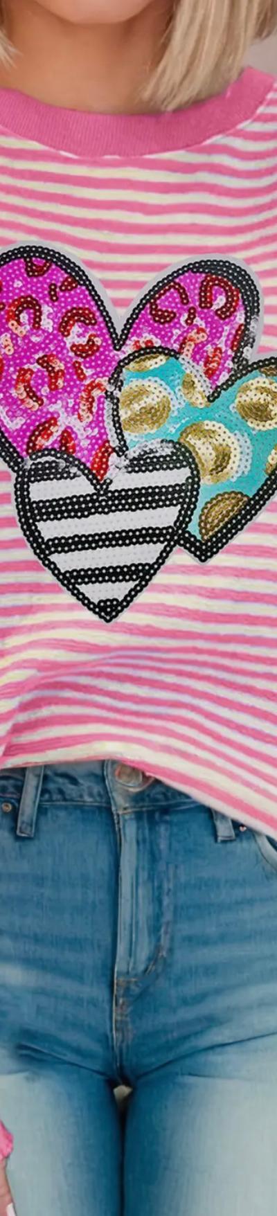 Leopard Heart Patched Graphic Drop Shoulder Top