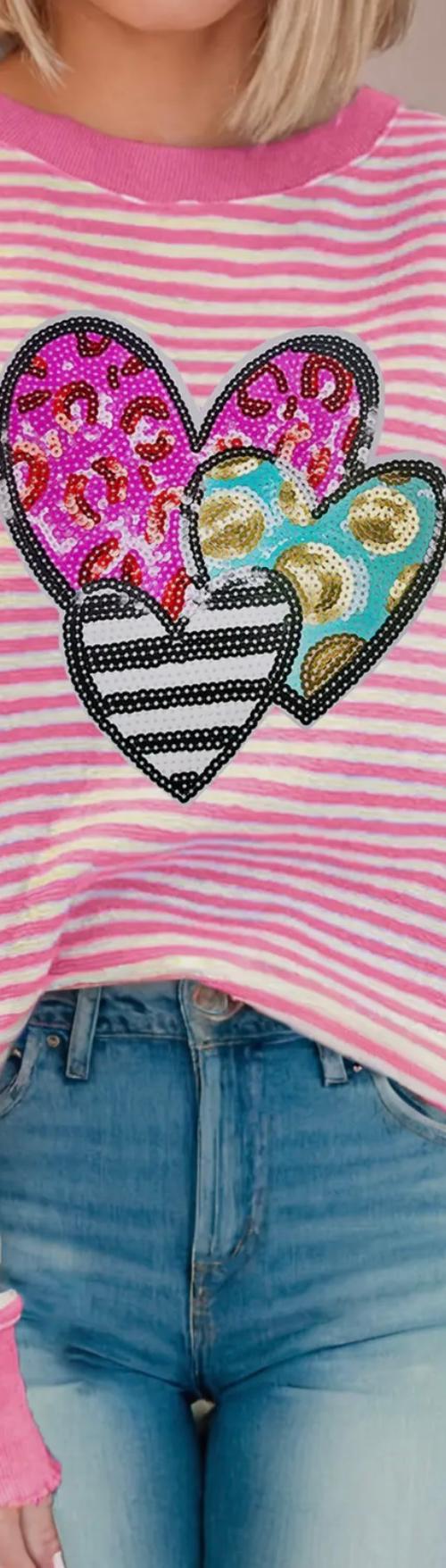 Leopard Heart Patched Graphic Drop Shoulder Top