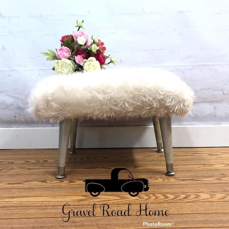 Glam Faux Fur Footstool | Small Upholstered Stool with Solid Wood-Metallic Finished Legs | Chic Stool | Nursery Accent | Hollywood Regency