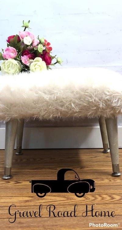 Glam Faux Fur Footstool | Small Upholstered Stool with Solid Wood-Metallic Finished Legs | Chic Stool | Nursery Accent | Hollywood Regency