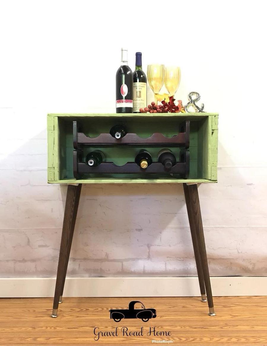 Vintage Celery Green Wine Bar Cabinet, Mid Century Modern Wood Crate