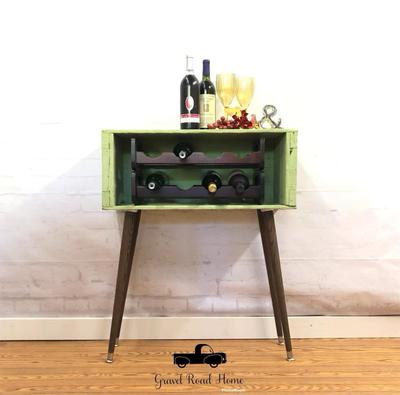 Vintage Celery Green Wine Bar Cabinet, Mid Century Modern Wood Crate