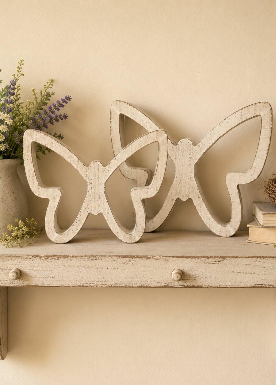 Distressed Wooden Butterfly Shelf Sitter