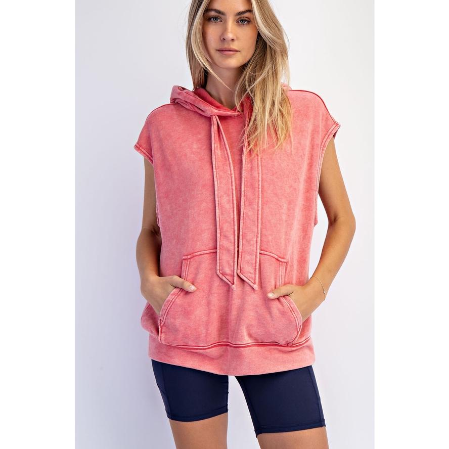 Mineral Washed Terry Sleeveless Hoodie Sweatshirt- Cherry