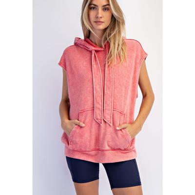 Mineral Washed Terry Sleeveless Hoodie Sweatshirt- Cherry