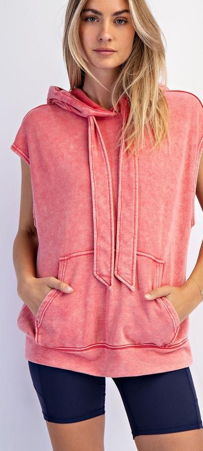 Mineral Washed Terry Sleeveless Hoodie Sweatshirt- Cherry