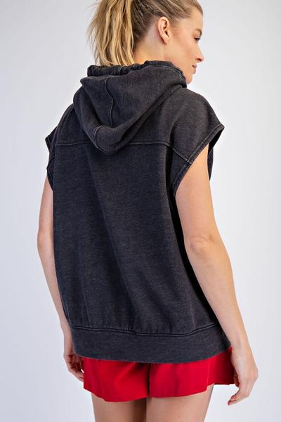 Mineral Washed Terry Sleeveless Hoodie Sweatshirt Black