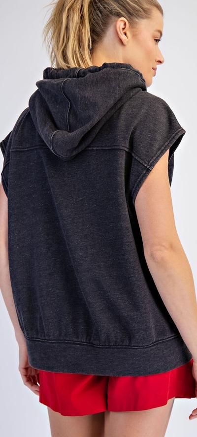 Mineral Washed Terry Sleeveless Hoodie Sweatshirt Black